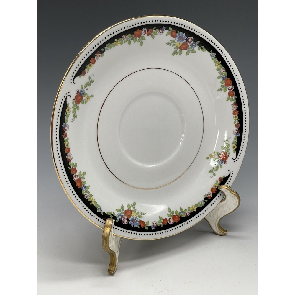 Vintage Lynns Fine China Gold Rim Black Floral Saucer Plate